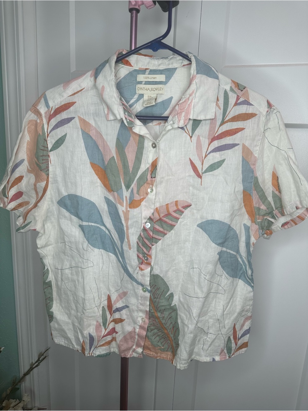 Cynthia Rowley White Linen Button-Front Tropical Leaf Shirt